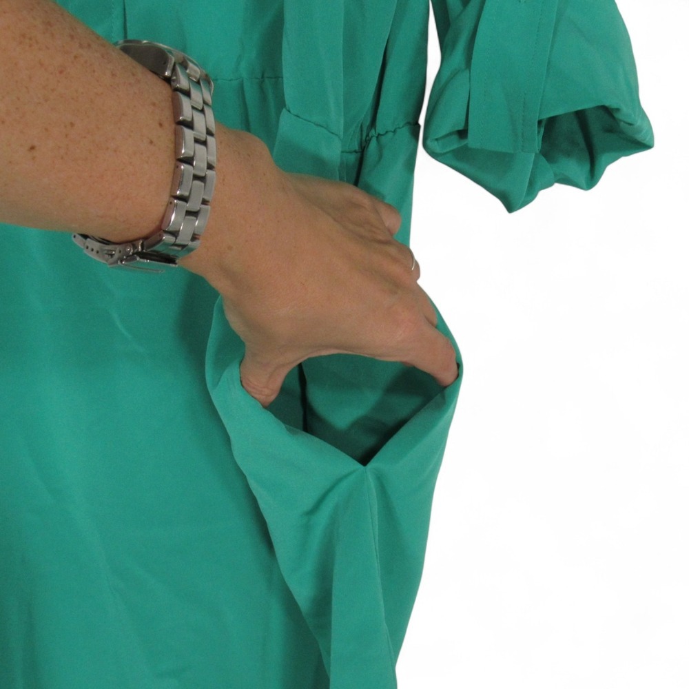 VTG MS CHAUS Green SATIN 1/4 Button ROLL-TAB SLEEVE Midi SHIRT DRESS Sz 12 - Picture 4 of 6